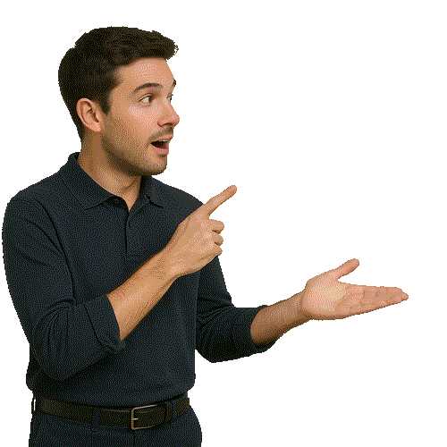 مردی با لباس مشکی که با دست به یک نکته اشاره می‌کند.