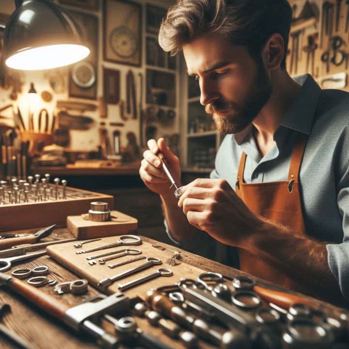 کلیدساز در حال تعمیر قفل در کارگاه.