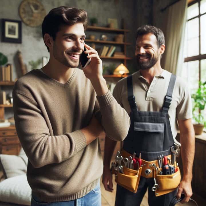 مشتری و کلیدساز کنار هم، مشتری در حال مکالمه تلفنی.