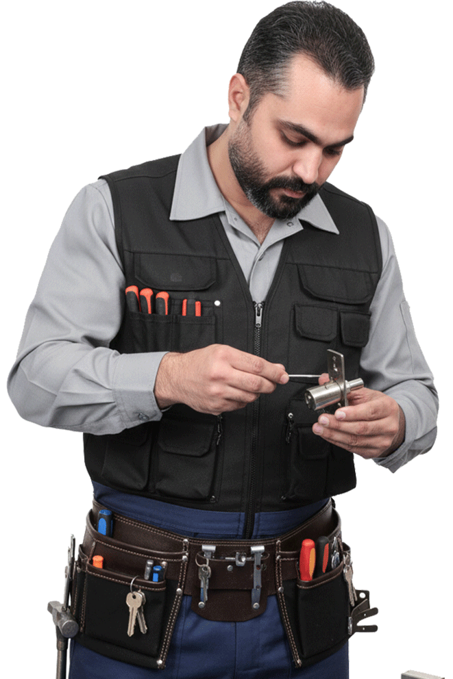 کلیدساز حرفه‌ای با جلیقه ابزار در حال بررسی قفل در کرج